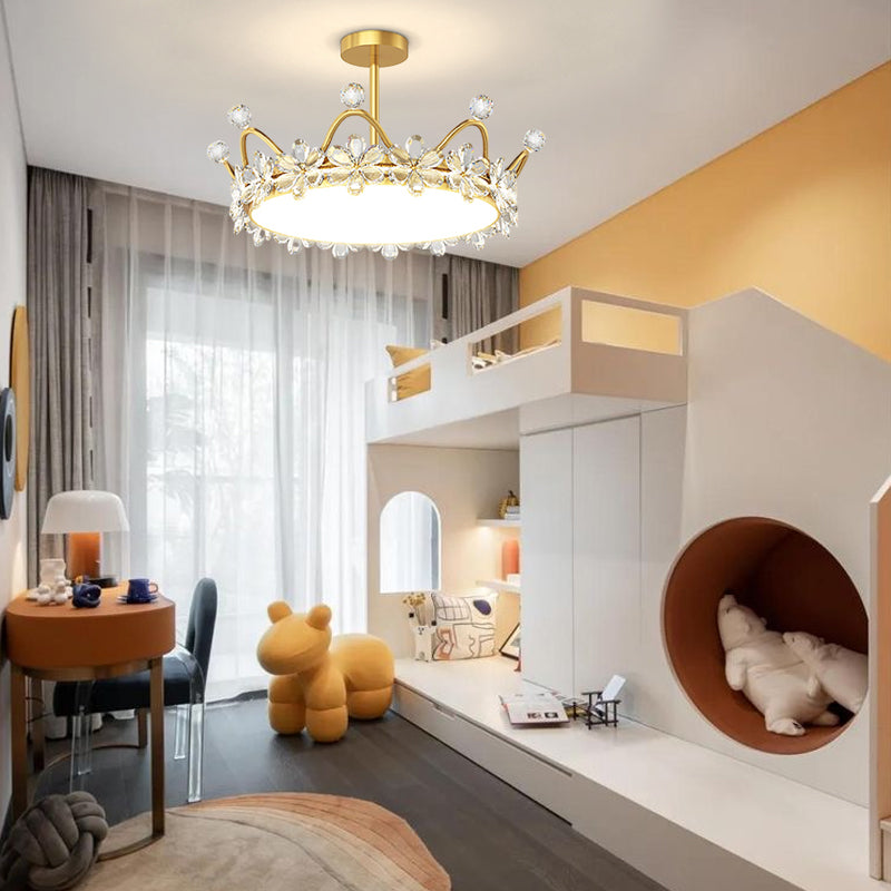 Modern Gold Crystal Crown LED Ceiling Lamp with Starry Sky Projection and 3 Step Dimming