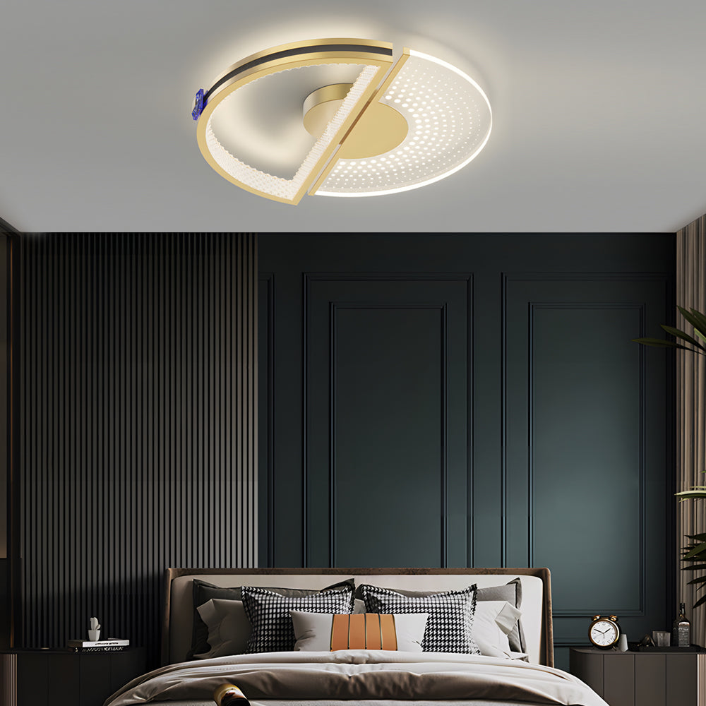Modern Gold LED Ceiling Light with Crystal and Leather Detail 3 Step Dimming Round Flush Mount Fixture