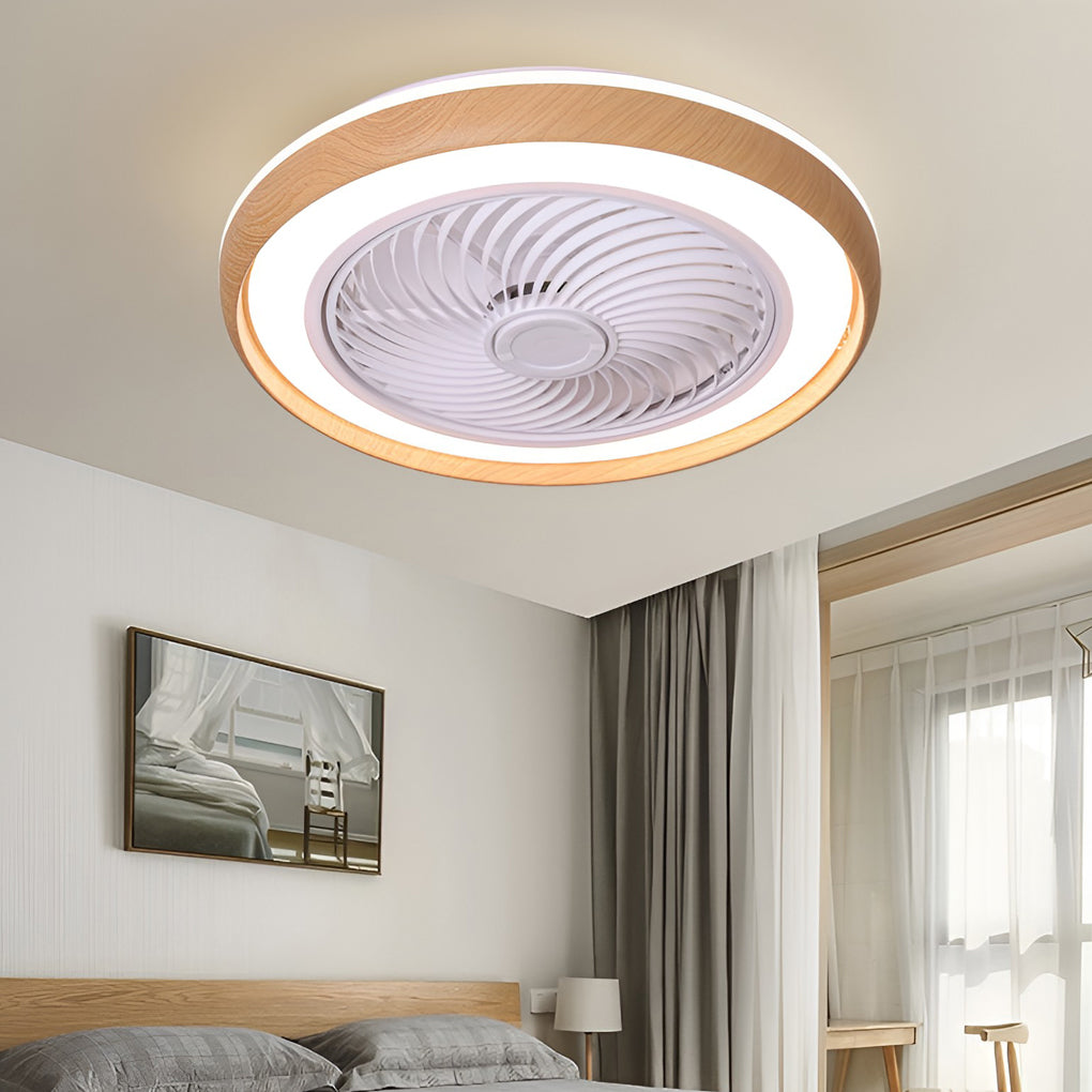 Modern Ultra Thin Bladeless Ceiling Fan with Remote Control Dimmable LED Light in Imitation Wood Grain