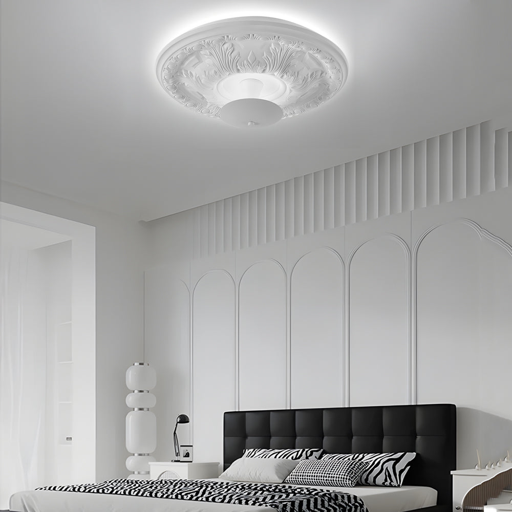 Ornate White Plaster Relief LED Flush Mount Round Ceiling Light Dimmable 19.7 Inch