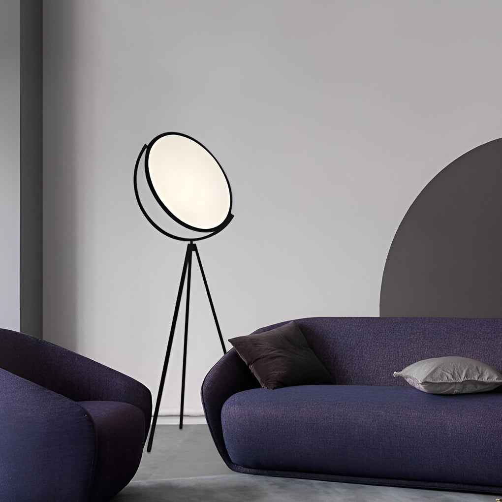 Modern Black Tripod Floor Lamp with Rotating LED Disc and Acrylic Diffuser for Bedroom and Living Room