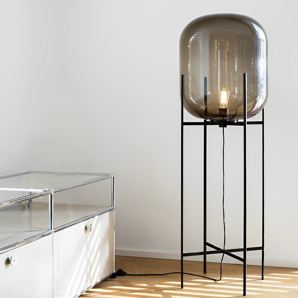 Modern Industrial Floor Lamp with Hand Blown Smoke Glass Shade and Black Metal Frame