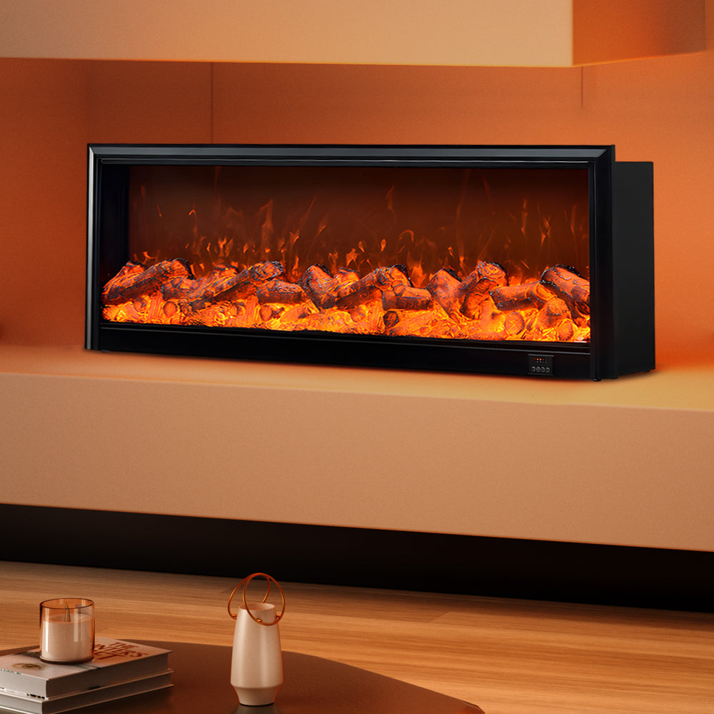 Modern Black Recessed Electric Fireplace with Remote Control and Adjustable Flame Brightness