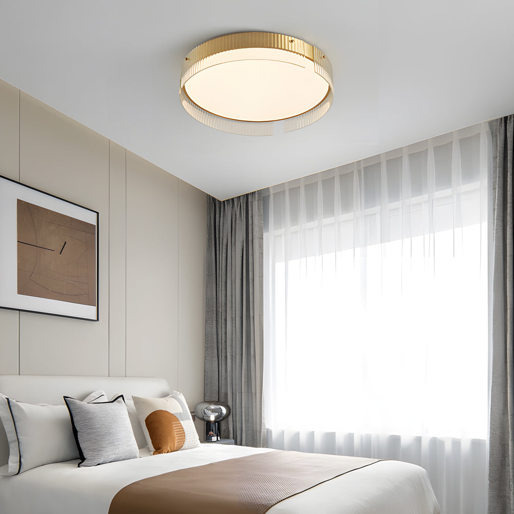 Modern Dimmable Round Ribbed Glass LED Flush Mount Ceiling Light in Gold or Black
