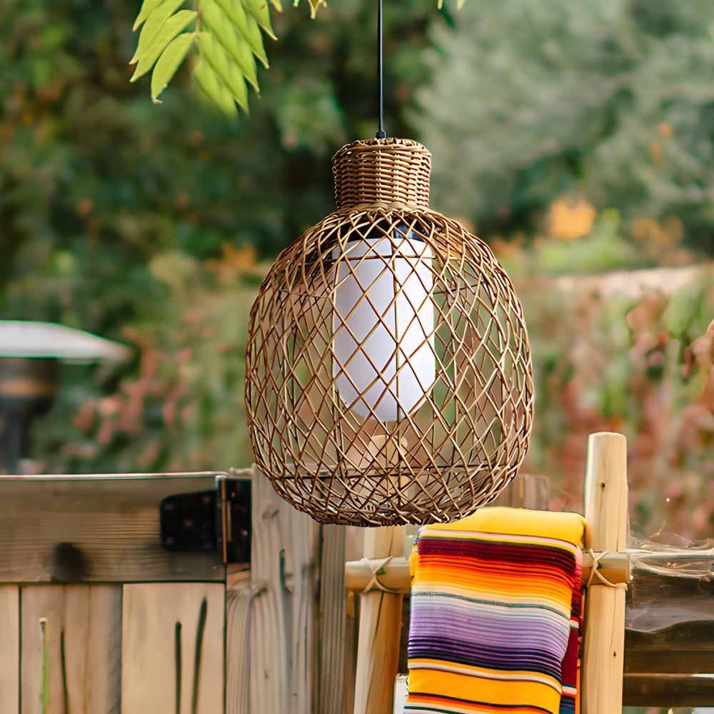 Rustic Modern Outdoor Rattan Pendant Light 10W LED Waterproof Ceiling Hanging Lantern for Garden and Porch