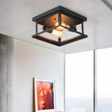 Industrial Square Metal Ceiling Lamp Rustic Black Iron Frame Flush Mount Light for Farmhouse Bedroom and Entryway