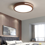 Natural Wood Round LED Ceiling Lamp Retro Dimmable Flush Mount with Remote Control