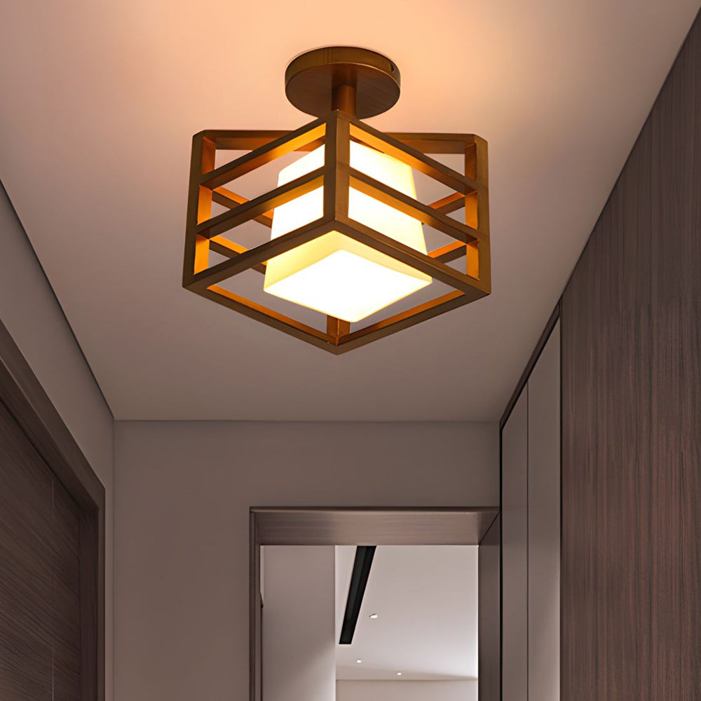 Modern Walnut Wood Cube Semi Flush Mount Ceiling Light with White Glass Shade