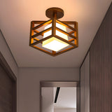 Modern Walnut Wood Cube Semi Flush Mount Ceiling Light with White Glass Shade