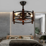 Vintage Industrial Black Metal Cage Bladeless Ceiling Fan with 4 Light Chandelier for Living Room