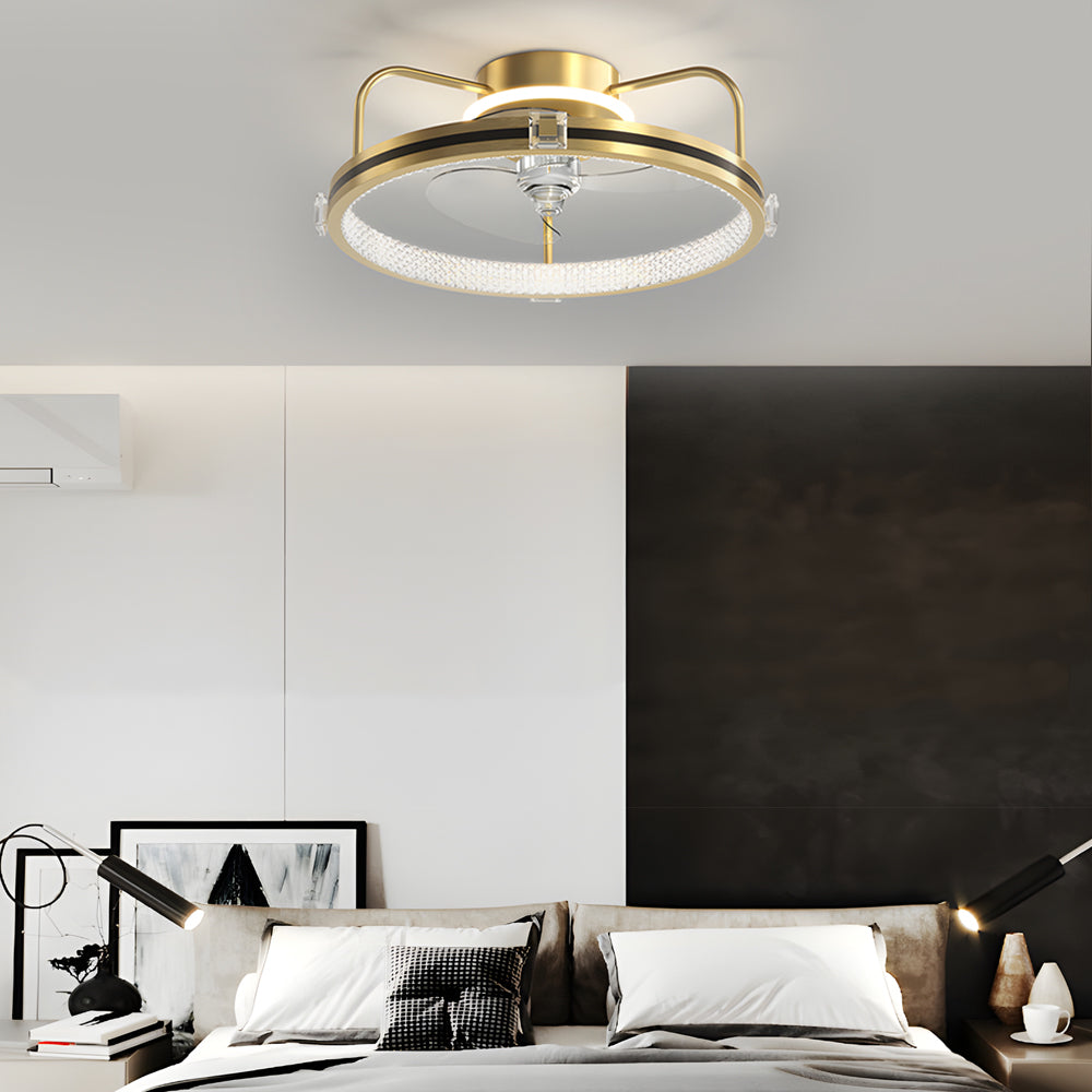 Modern Gold Flush Mount Ceiling Fan with Silent LED Light and 3 Color Dimming Function