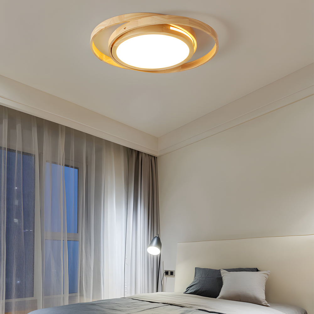 Modern Round Oak Wood LED Ceiling Light with Oval Rings Minimalist Flush Mount Fixture