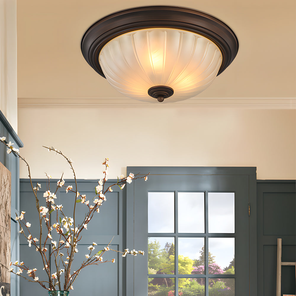 American Vintage Semi Flush Mount Ceiling Light with Round Glass Shade and Iron Frame for Bedroom