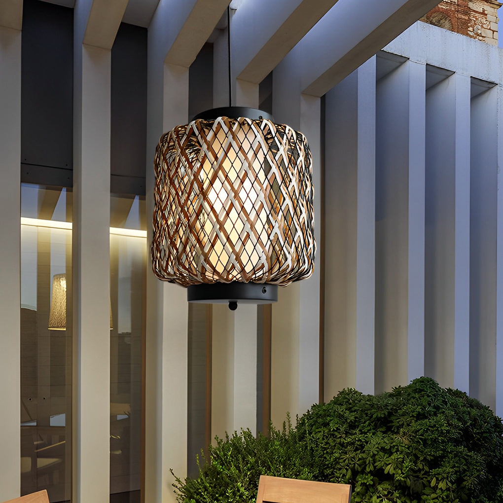 Hand Woven Rattan Outdoor Chandelier Waterproof Rustic Hanging Pendant Light for Garden Patio Yard