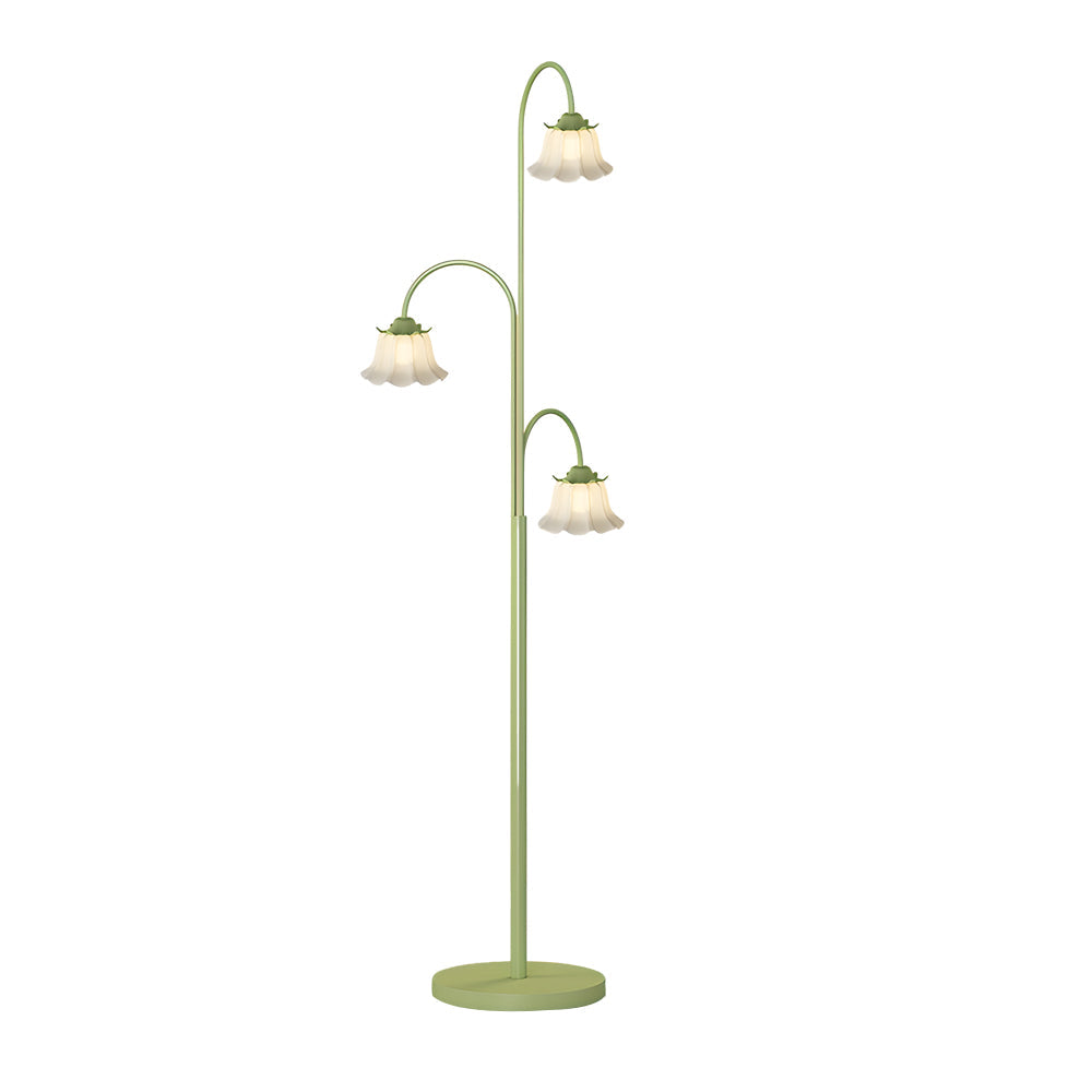 French Style Green Tulip Arc Floor Lamp with Three Dimmable Flower Glass Shades for Living Room