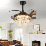 20 Inch Matte Black Crystal Fandelier Retractable Ceiling Fan with LED Lights and Remote Control