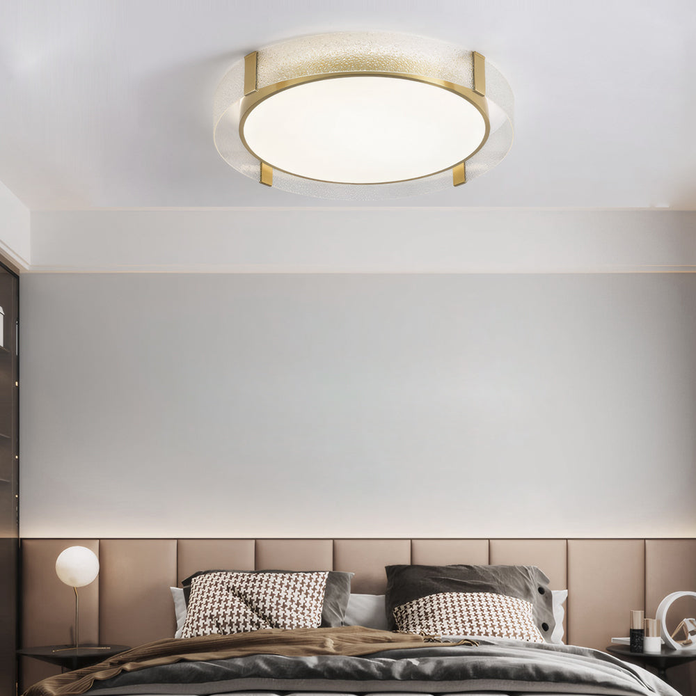 Modern Copper LED Flush Mount Ceiling Light with Water Ripple Glass Drum Shade Gold Finish
