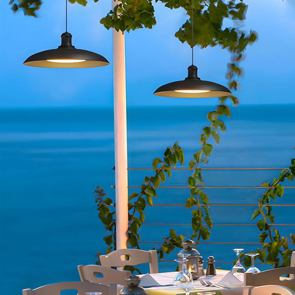 Modern Black Outdoor Pendant Light Waterproof Metal Saucer LED Hanging Lamp for Garden and Patio