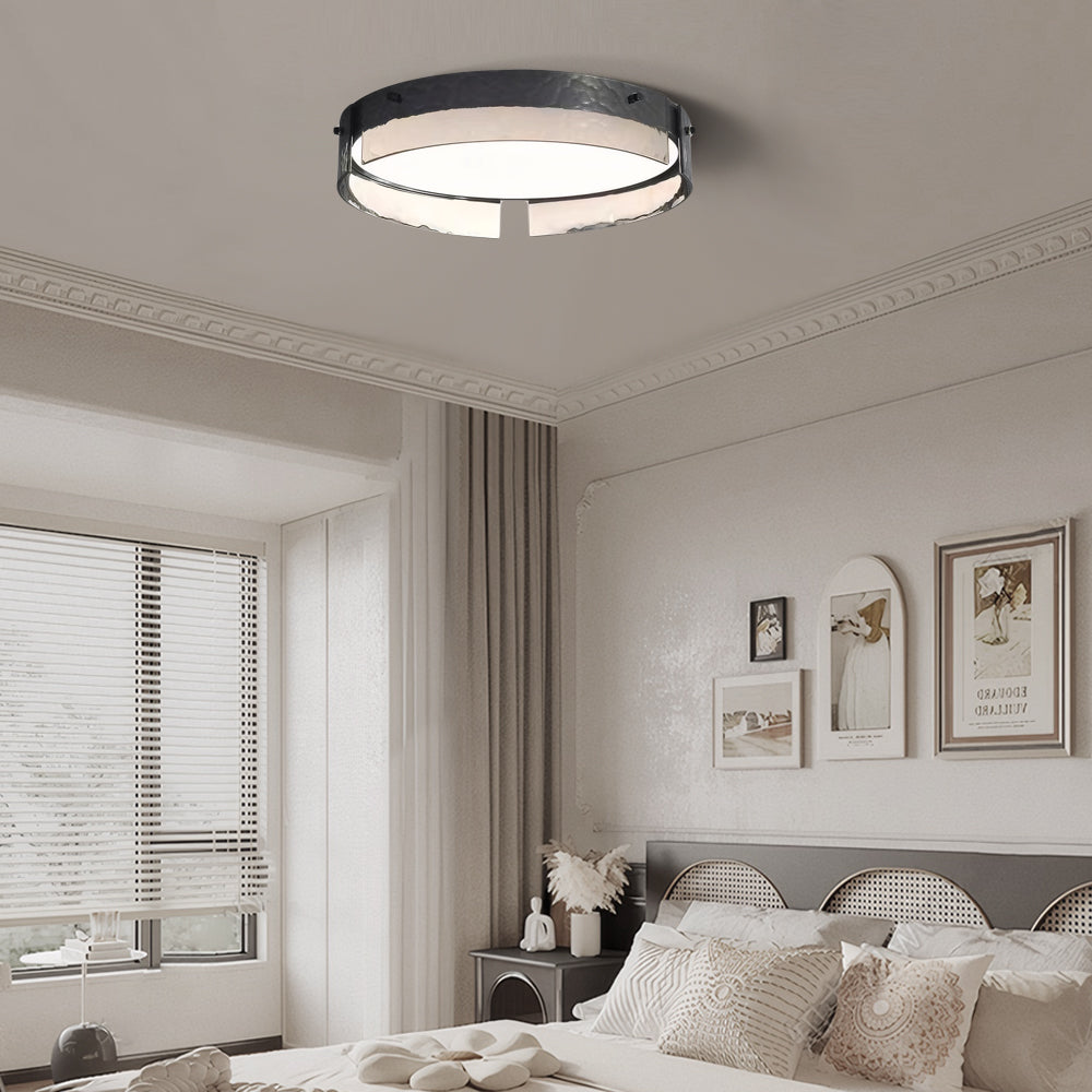Modern Round Black Hammered Glass LED Flush Mount Ceiling Light for Bedroom