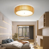 Modern Round Wooden LED Ceiling Light for Bedroom with 3 Step Color Dimming
