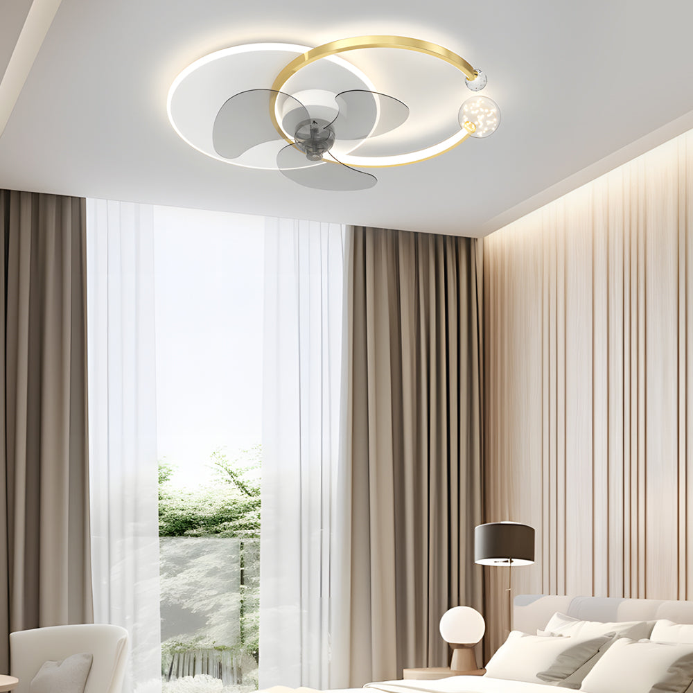 Luxury Crystal Ring Flush Mount Ceiling Fan Light with 3 Color Dimming Low Profile