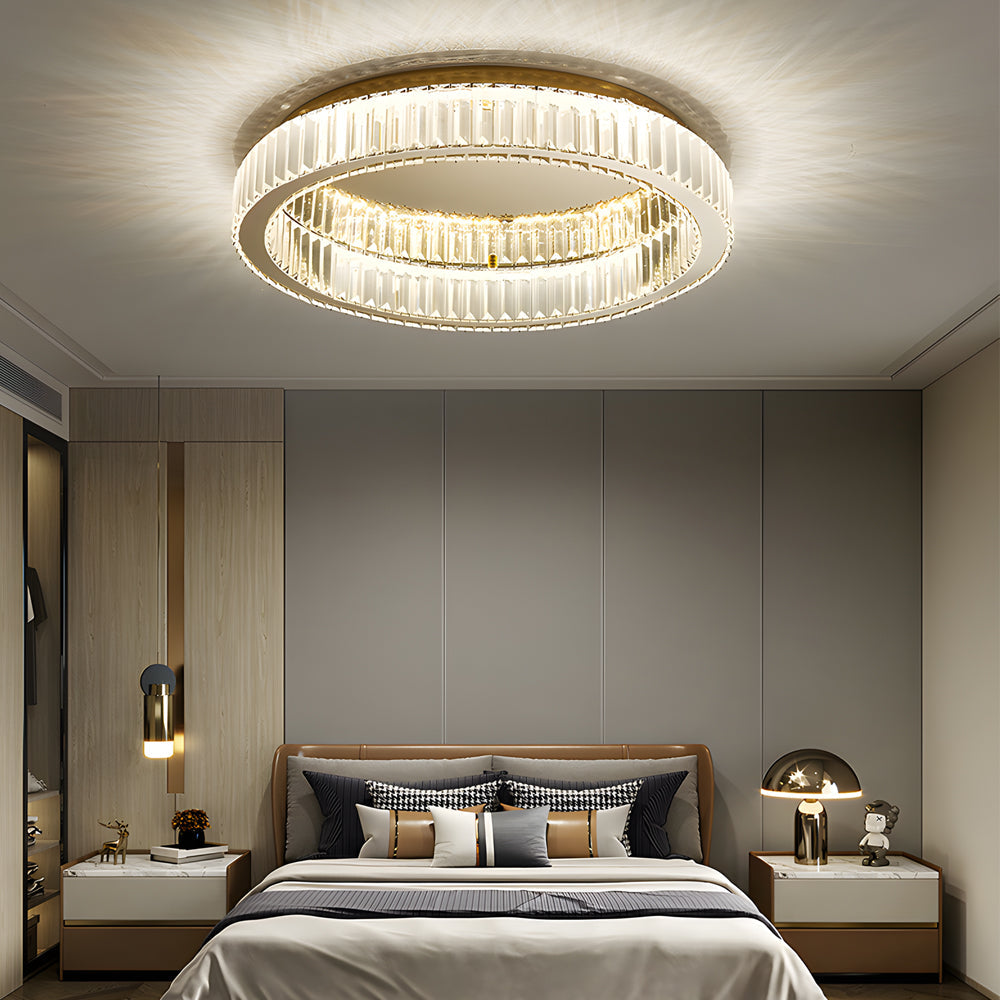 Luxury Round K9 Crystal LED Ceiling Fixture Dimmable Post Modern Flush Mount Gold Lamp
