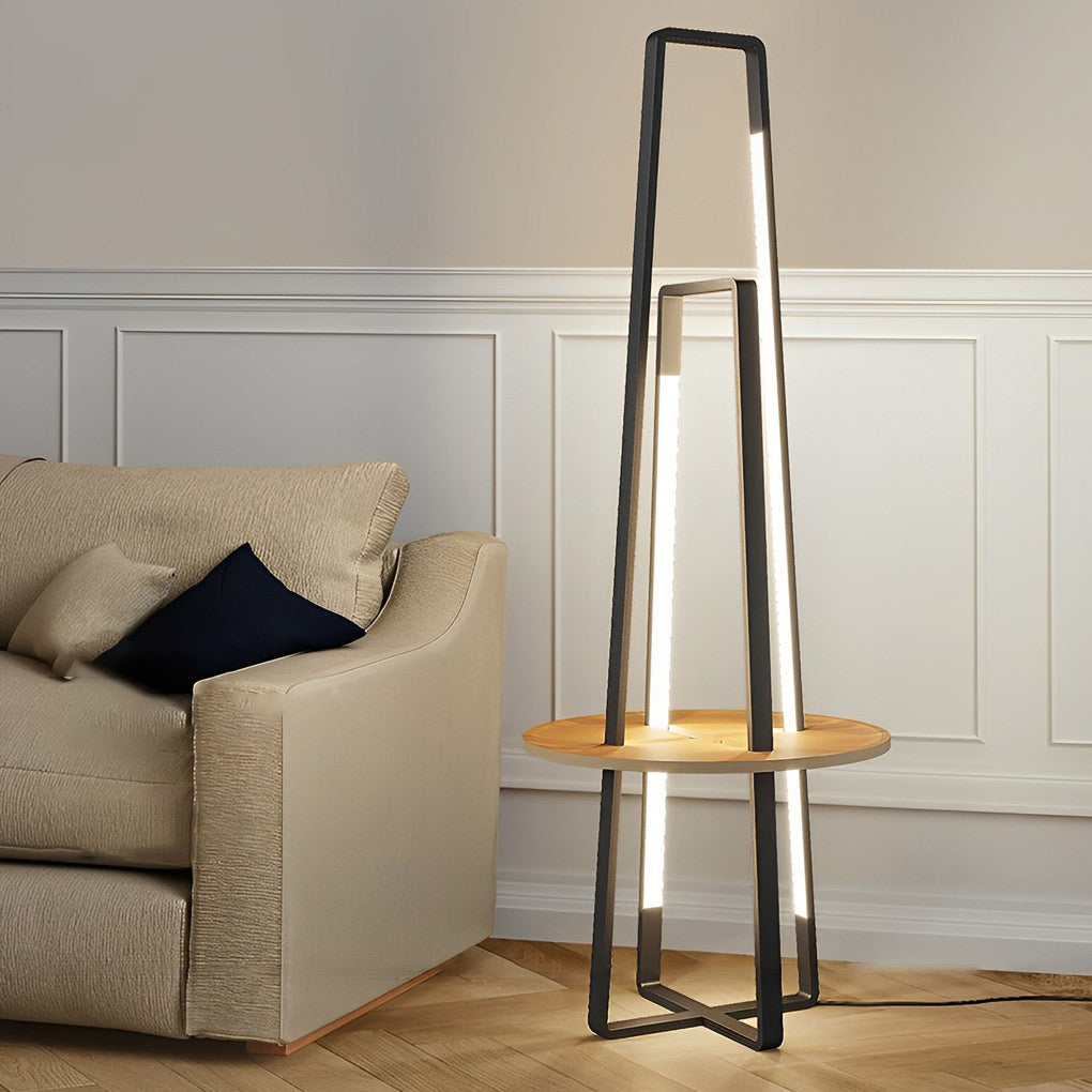 63 Inch Modern LED Tray Floor Lamp with Dimmable Lighting and Wooden Side Table for Living Room