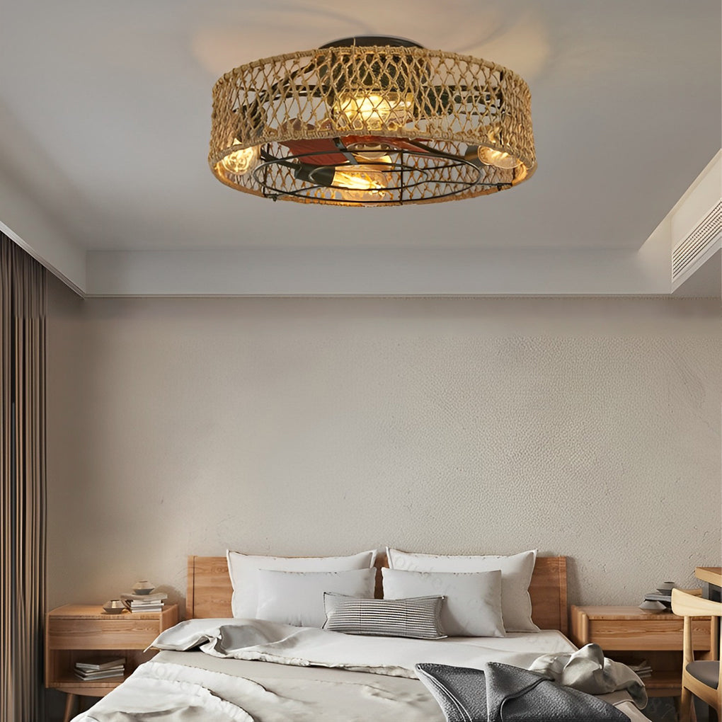 Retro Industrial Rattan Iron Bladeless Ceiling Fan with Light 6 Speeds Timing and Inverter