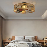 Retro Industrial Rattan Iron Bladeless Ceiling Fan with Light 6 Speeds Timing and Inverter