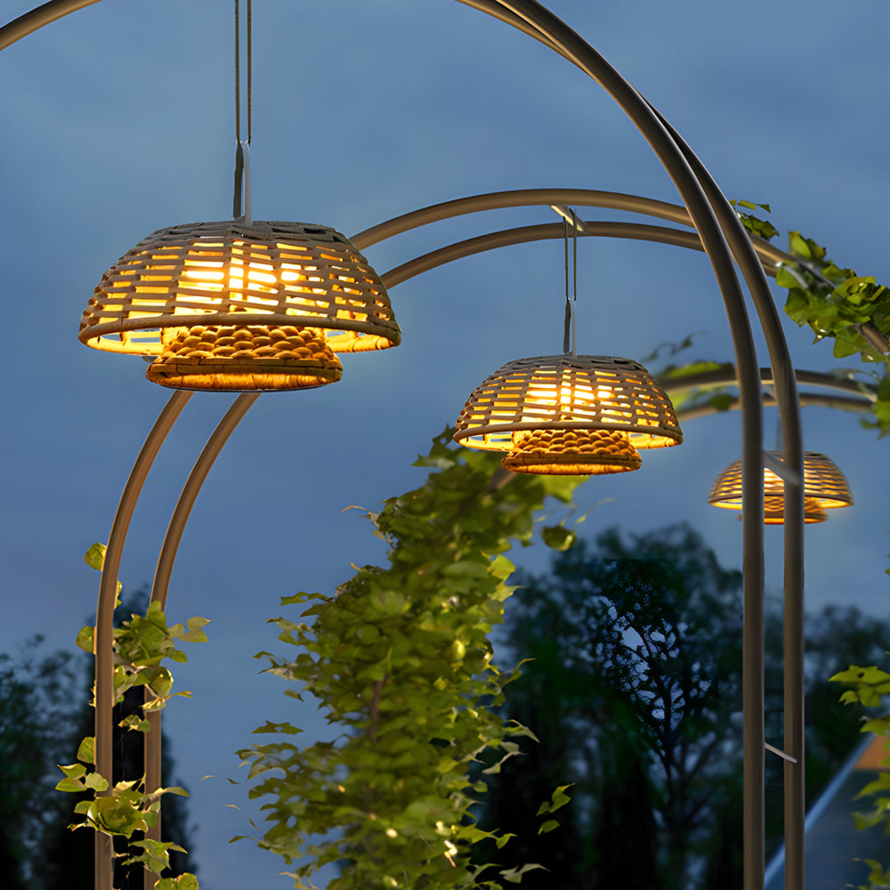 Hand Woven Rope Rattan Waterproof LED Solar Outdoor Chandelier for Garden and Terrace