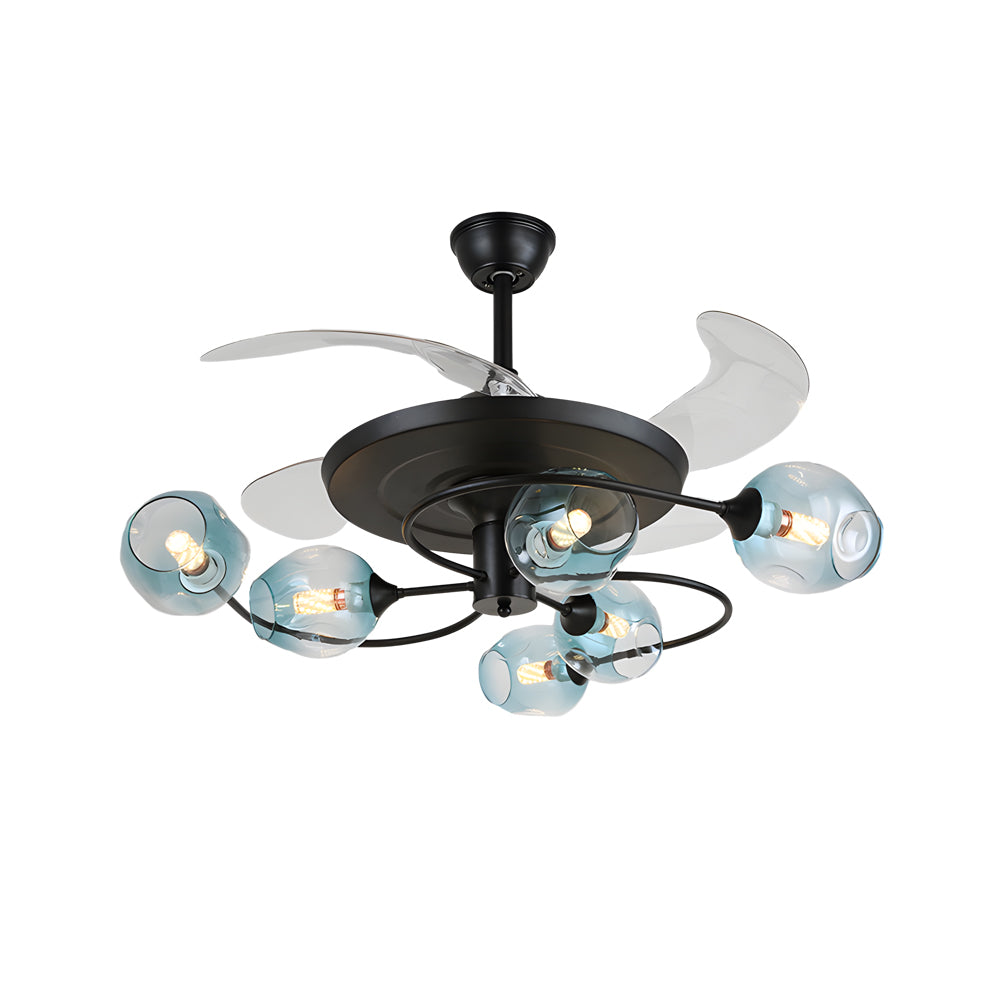 Modern 41 Inch Retractable Ceiling Fan with 4 Blades and Colored Glass Shades for Living Room