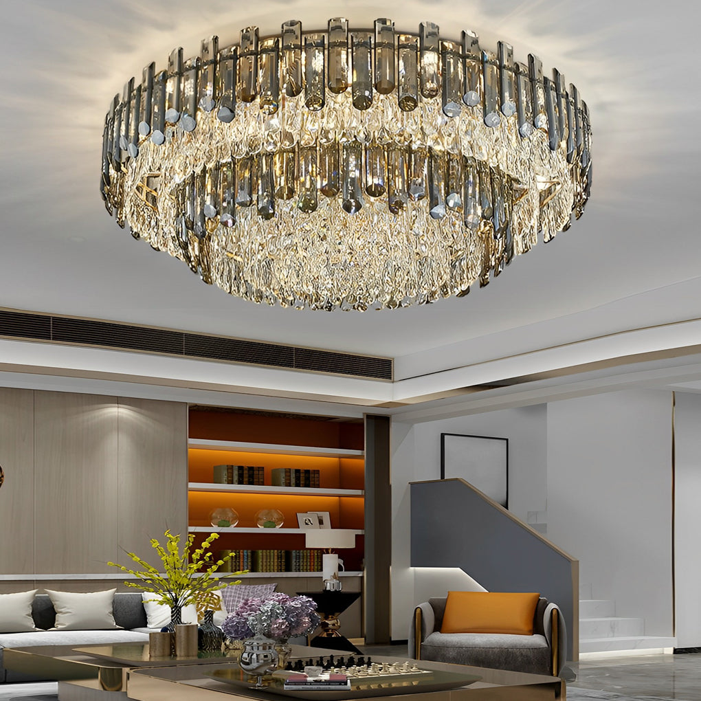 Luxury Modern Crystal Flush Mount Ceiling Light Round Metal Three Color Temperature Fixture