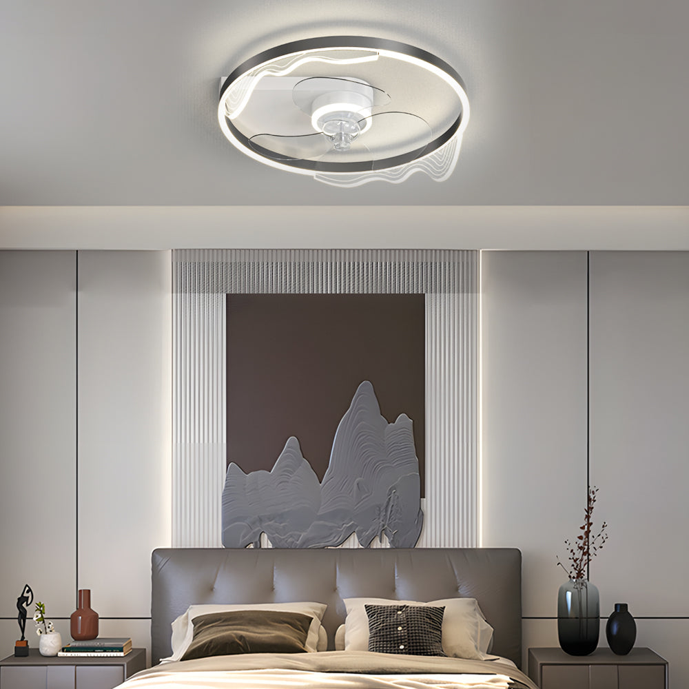Modern Low Profile Flush Mount Ceiling Fan LED Round Acrylic Wave Decor 3 Color Dimming