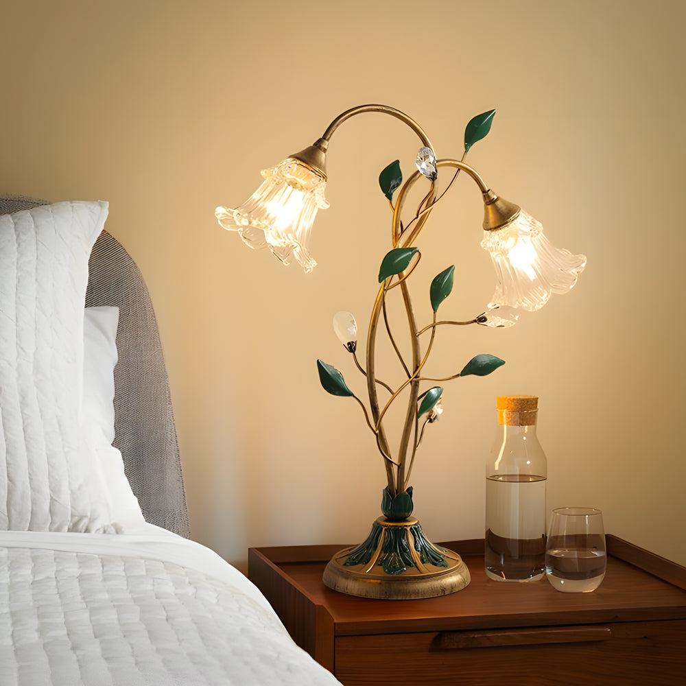 Modern Floral Desk Lamp with Dual Glass Flower Shades and Elegant Iron Leaf Accents