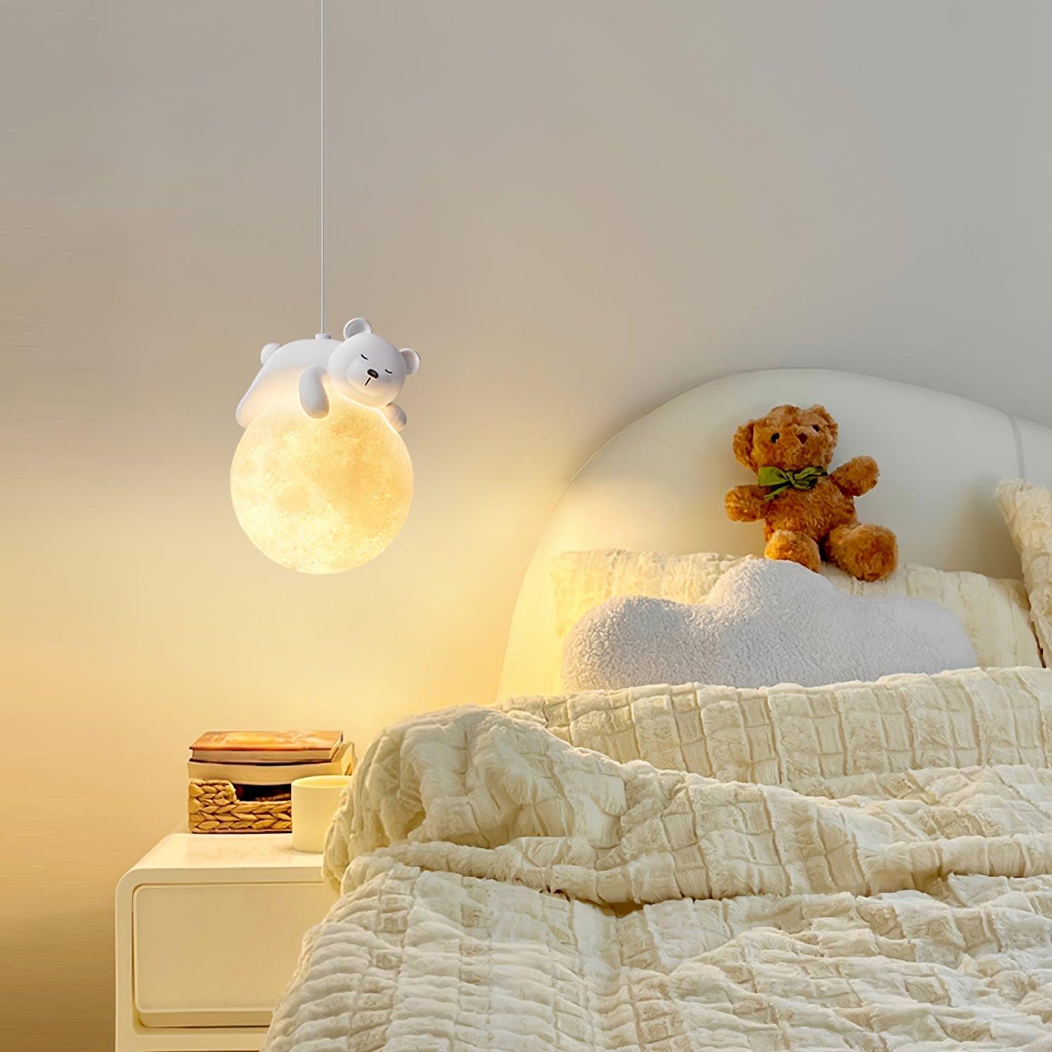 3D Printed Sleeping Bear Moon Pendant Light for Kids Bedroom and Nursery Animal Hanging Lamp