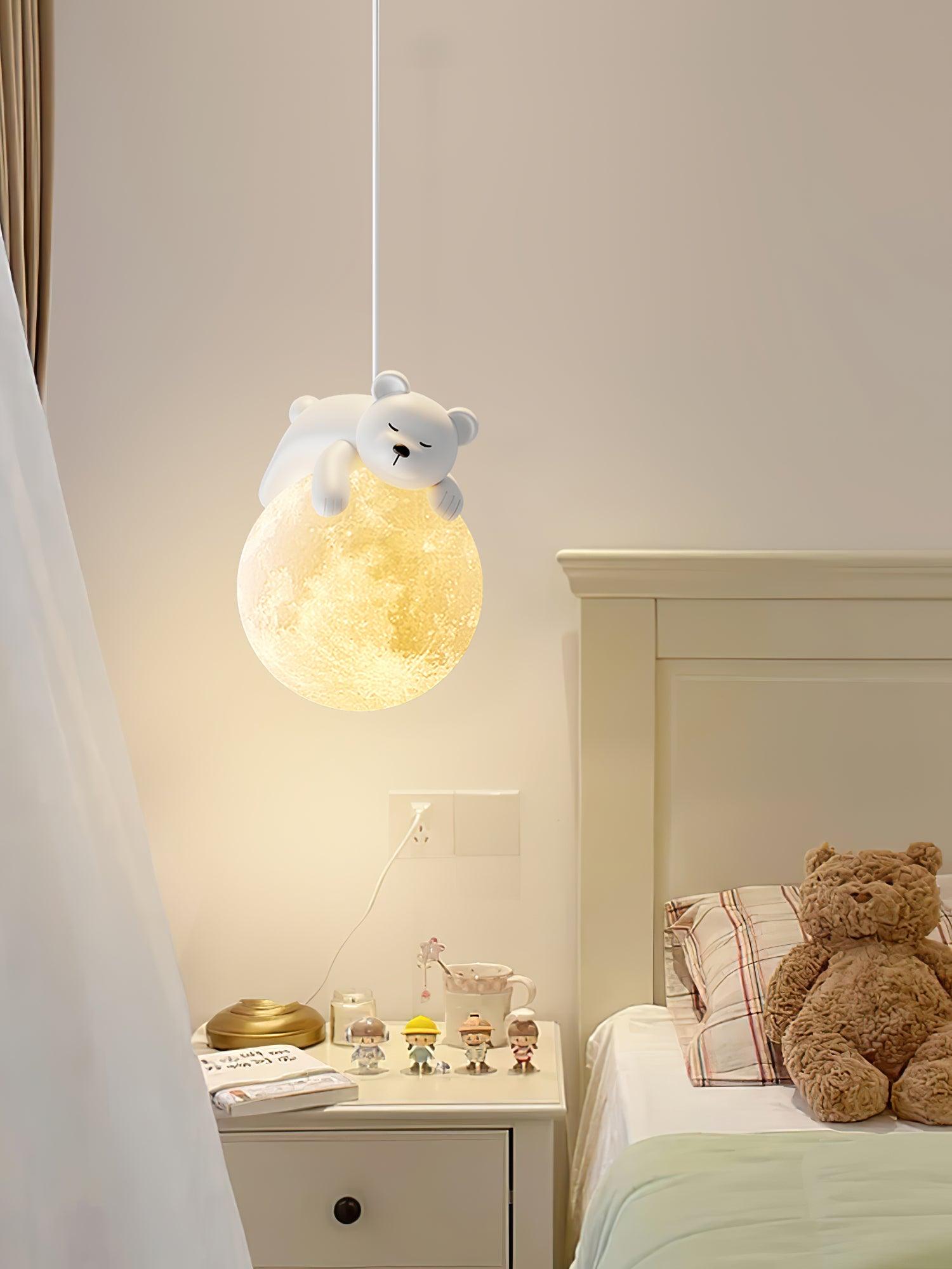3D Printed Sleeping Bear Moon Pendant Light for Kids Bedroom and Nursery Animal Hanging Lamp