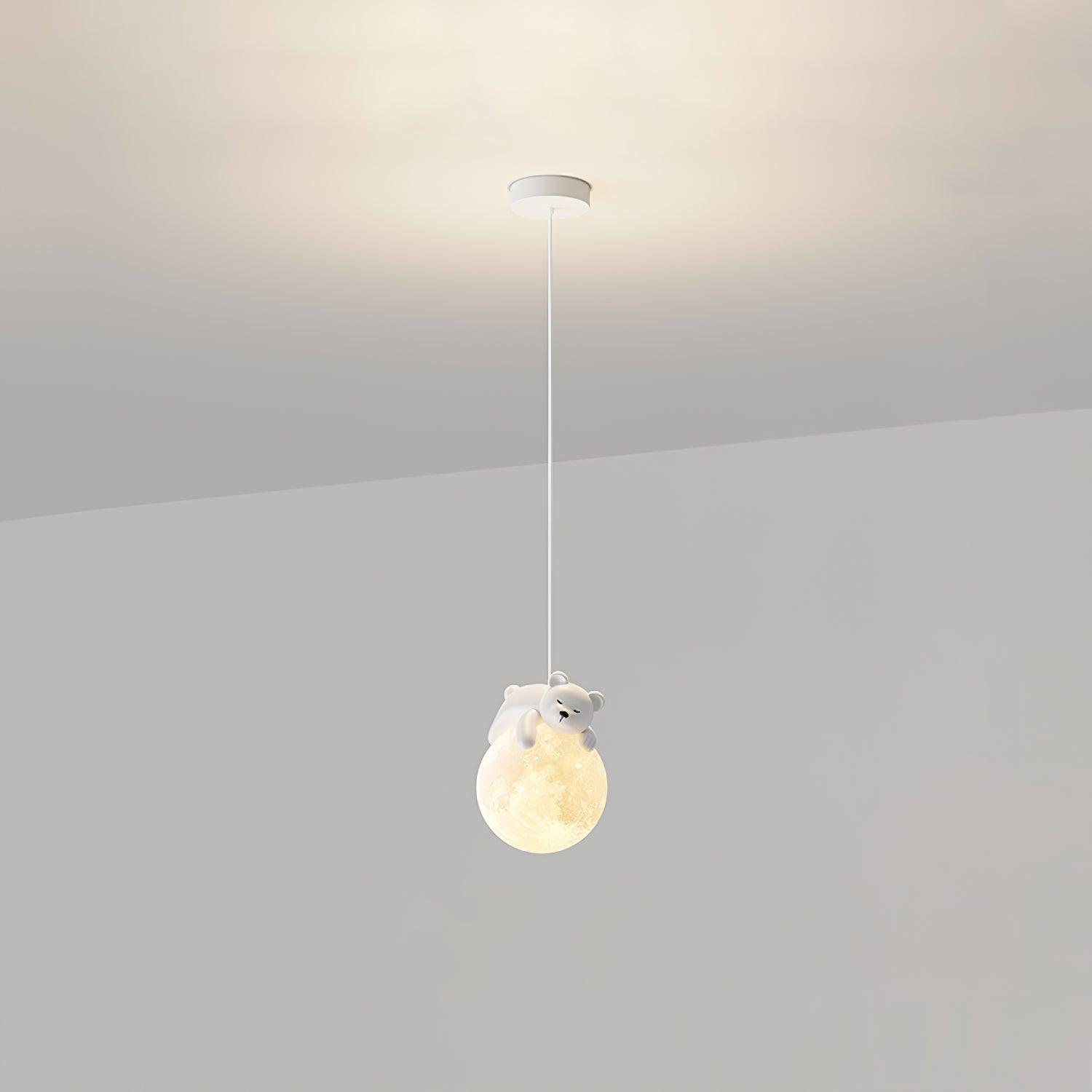 3D Printed Sleeping Bear Moon Pendant Light for Kids Bedroom and Nursery Animal Hanging Lamp