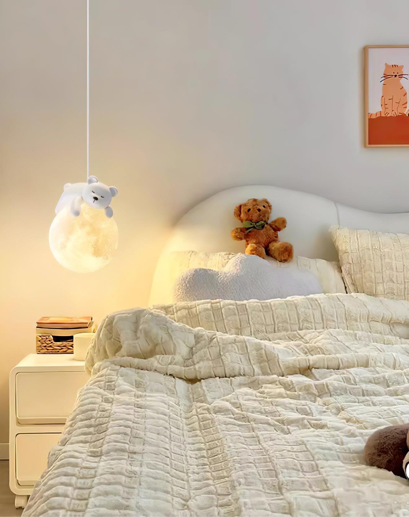 3D Printed Sleeping Bear Moon Pendant Light for Kids Bedroom and Nursery Animal Hanging Lamp