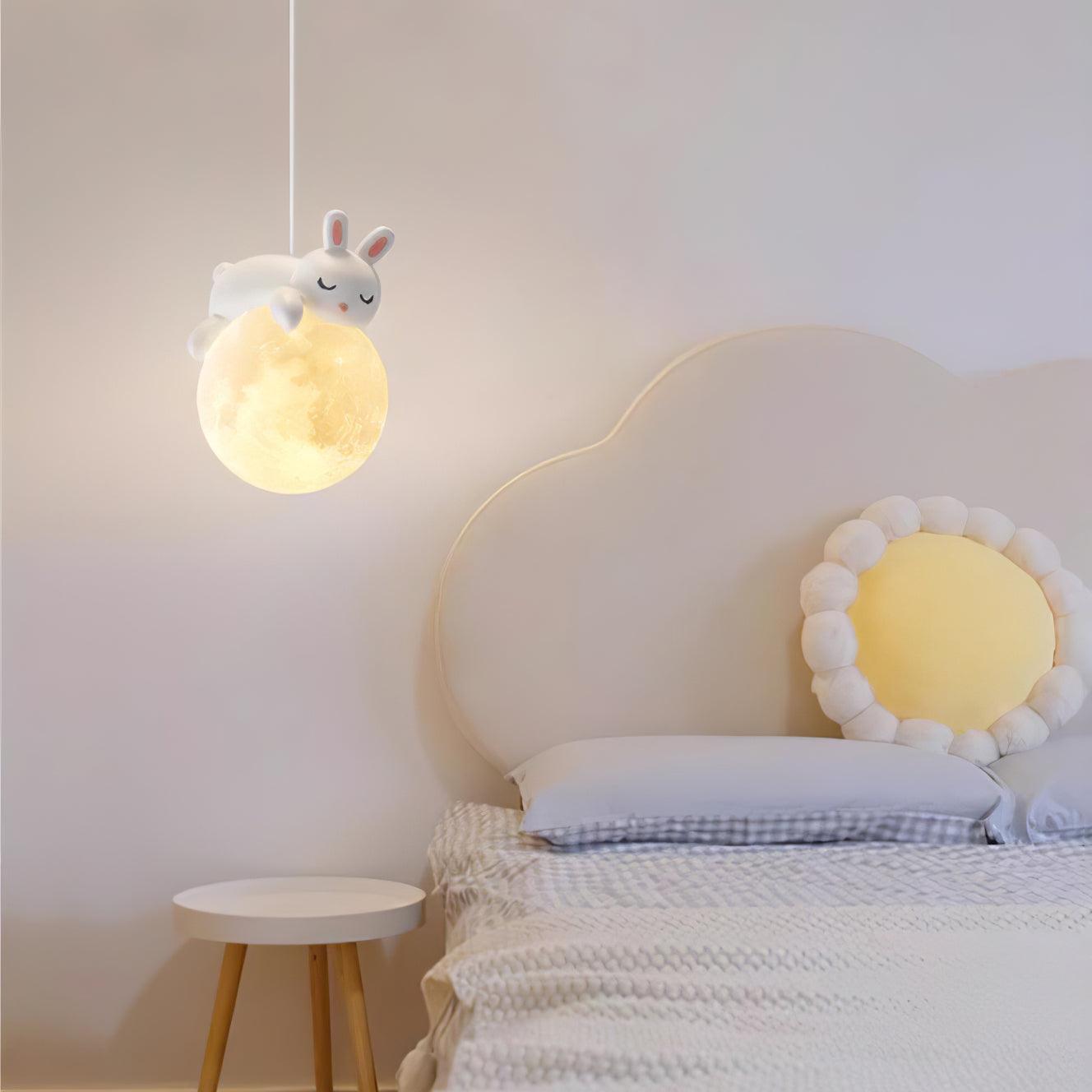 3D Printed Sleeping Bear Moon Pendant Light for Kids Bedroom and Nursery Animal Hanging Lamp