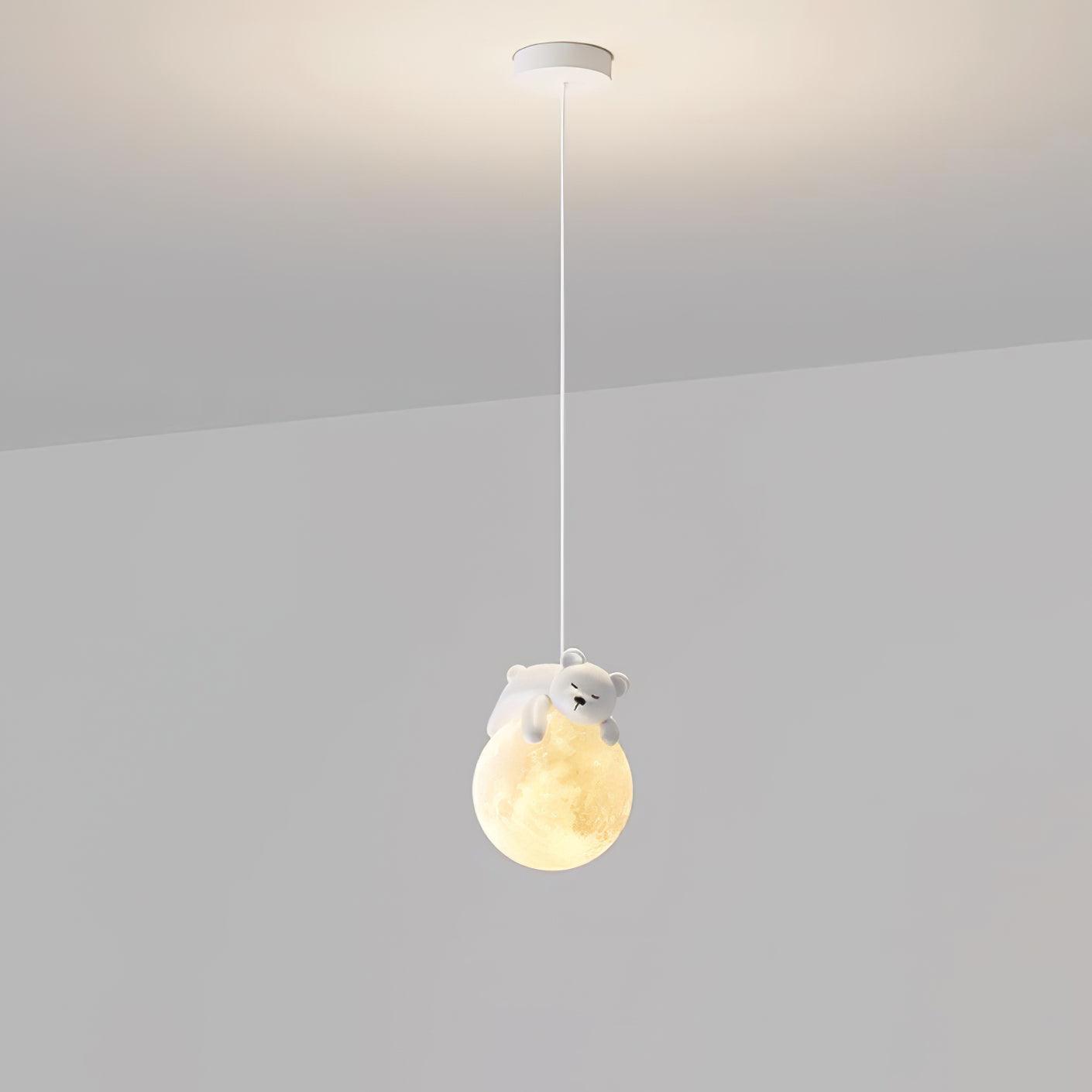 3D Printed Sleeping Bear Moon Pendant Light for Kids Bedroom and Nursery Animal Hanging Lamp
