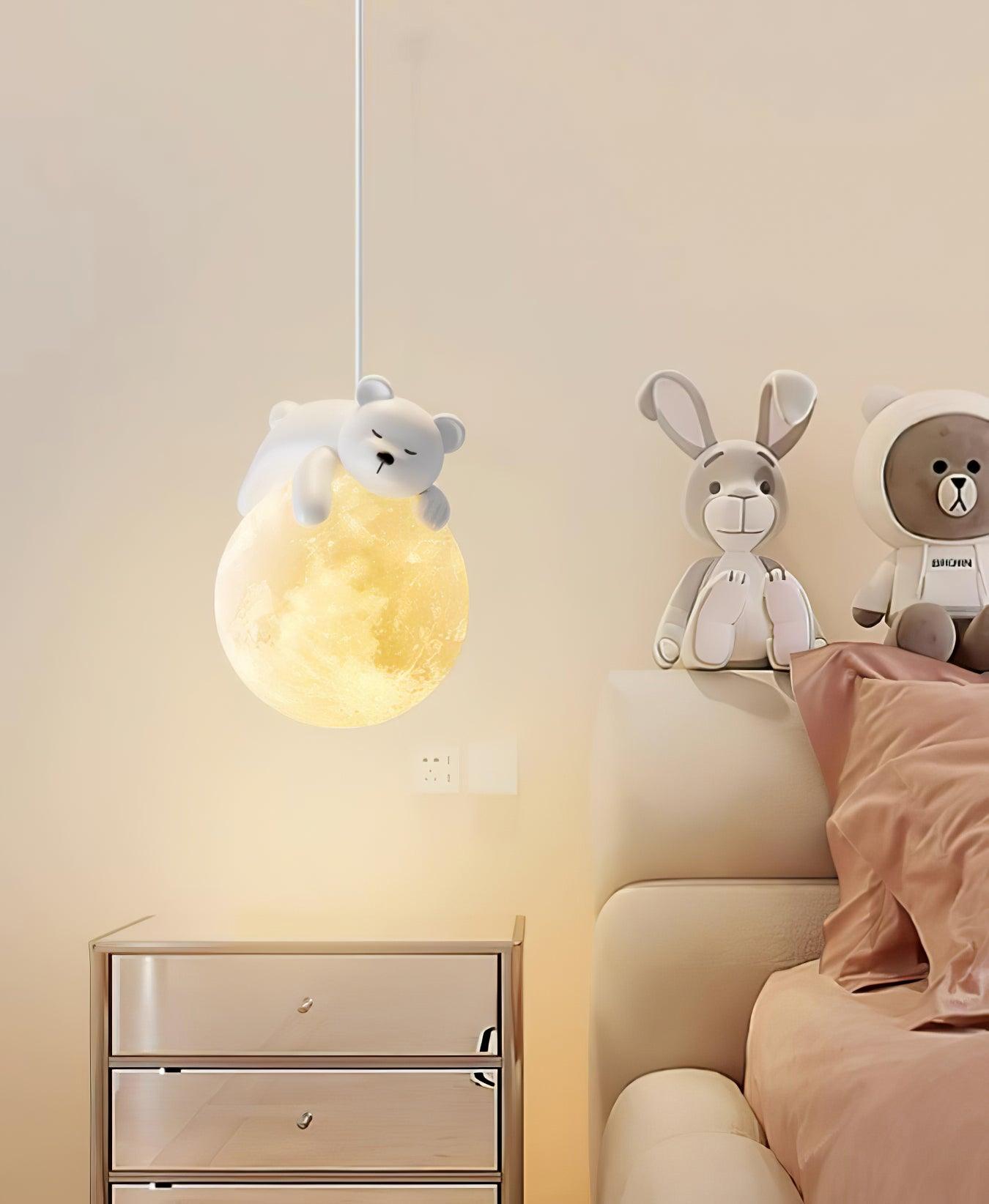 3D Printed Sleeping Bear Moon Pendant Light for Kids Bedroom and Nursery Animal Hanging Lamp