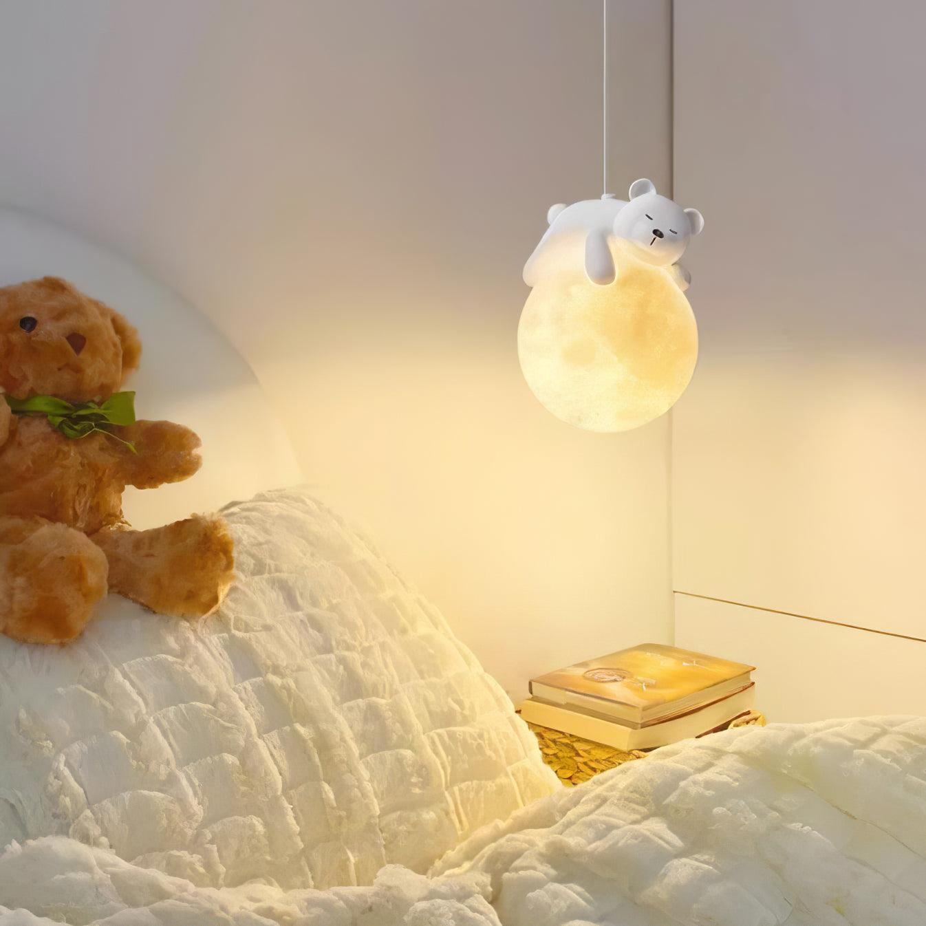 3D Printed Sleeping Bear Moon Pendant Light for Kids Bedroom and Nursery Animal Hanging Lamp