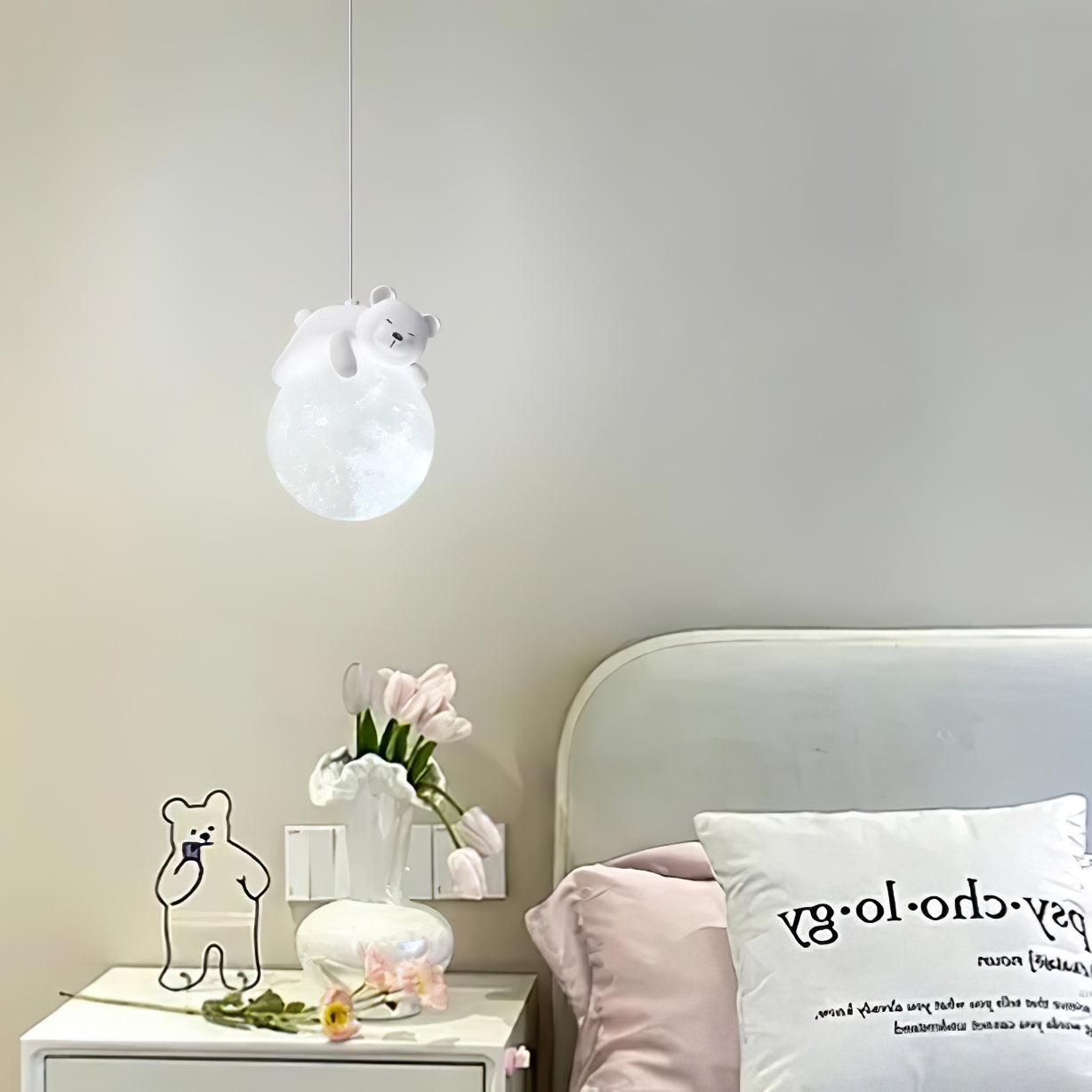 3D Printed Sleeping Bear Moon Pendant Light for Kids Bedroom and Nursery Animal Hanging Lamp