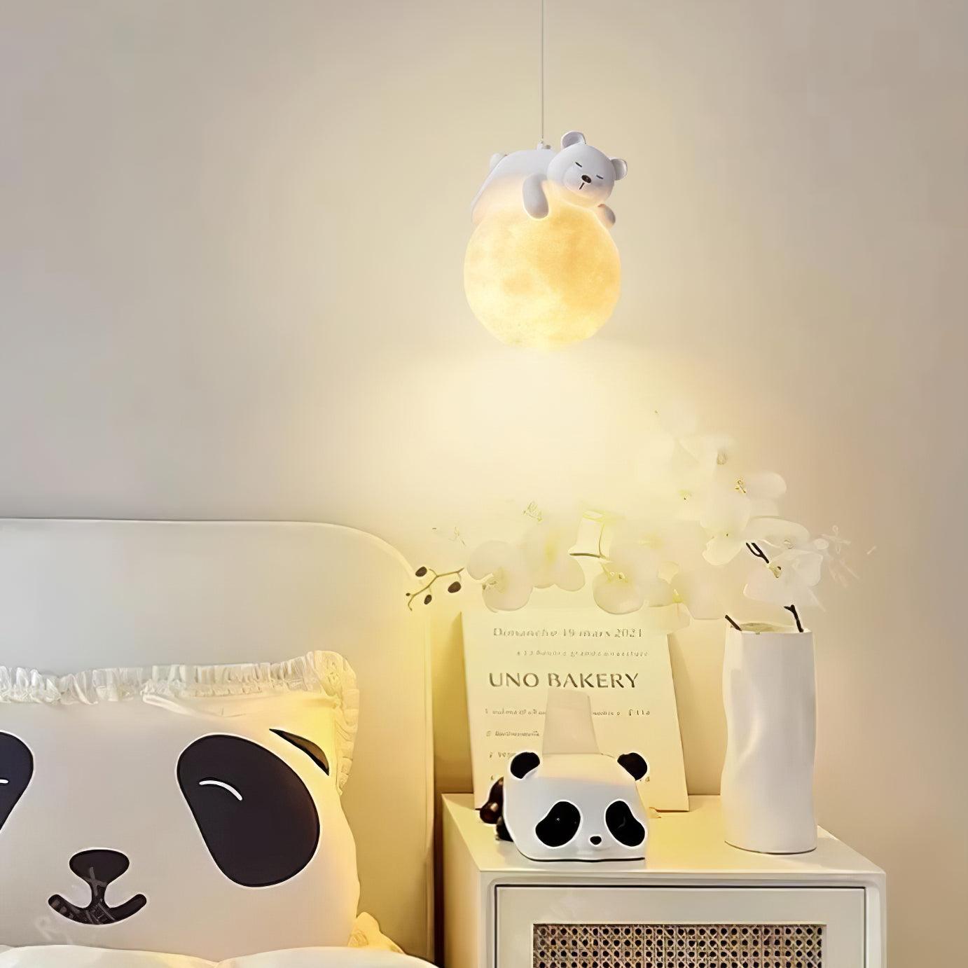 3D Printed Sleeping Bear Moon Pendant Light for Kids Bedroom and Nursery Animal Hanging Lamp