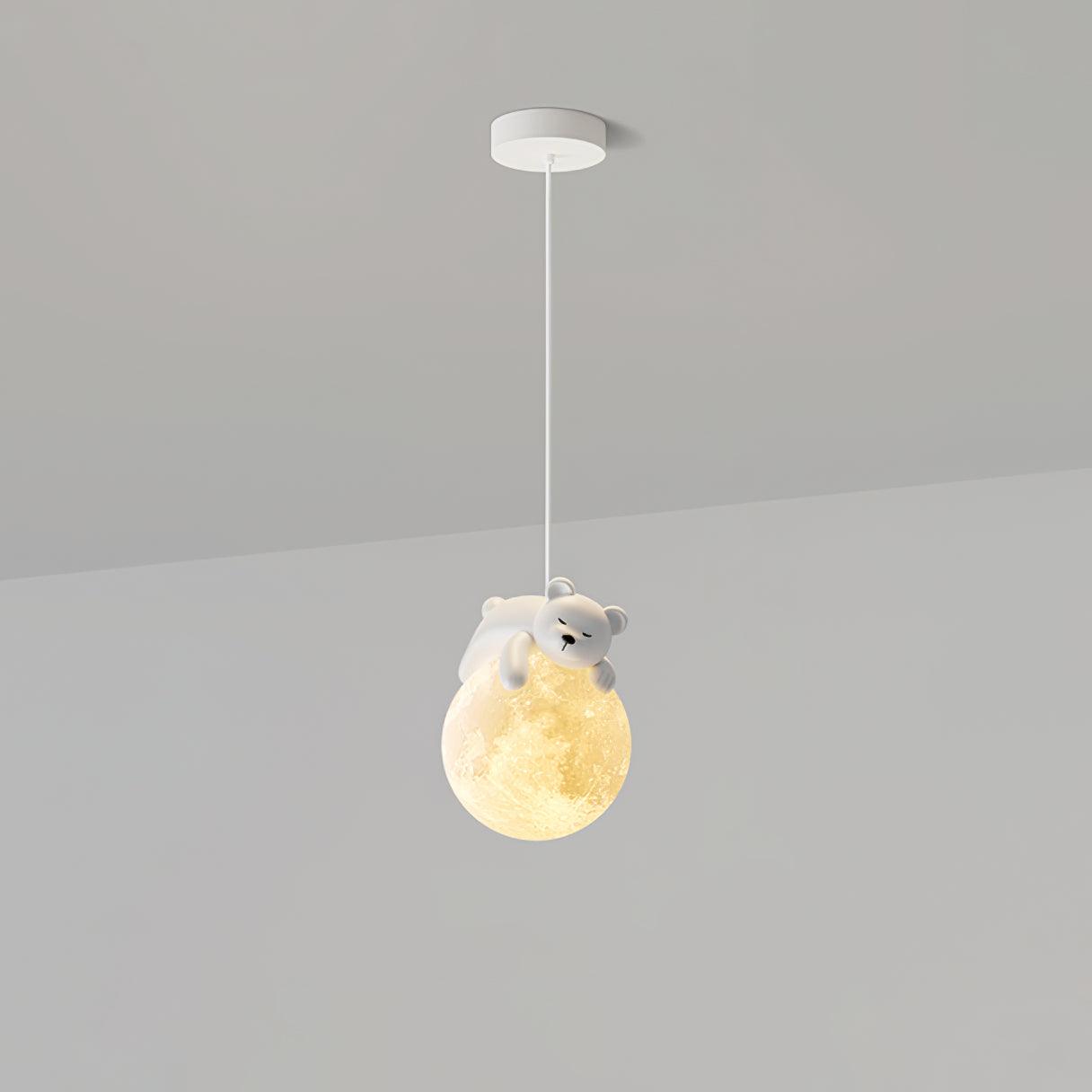 3D Printed Sleeping Bear Moon Pendant Light for Kids Bedroom and Nursery Animal Hanging Lamp