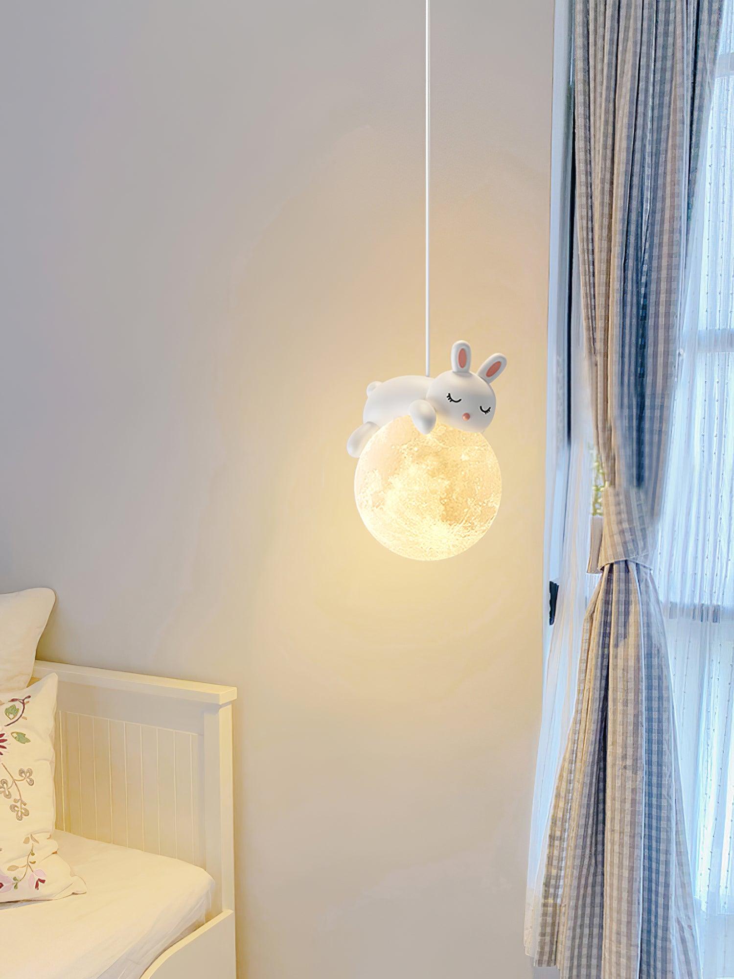 3D Printed Sleeping Bear Moon Pendant Light for Kids Bedroom and Nursery Animal Hanging Lamp
