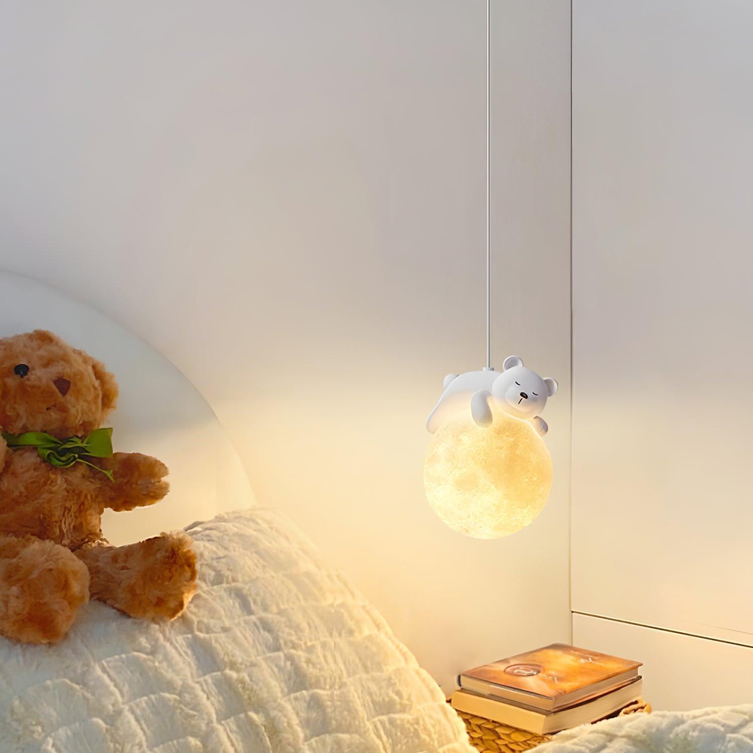 3D Printed Sleeping Bear Moon Pendant Light for Kids Bedroom and Nursery Animal Hanging Lamp