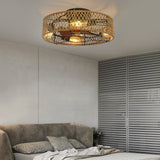 Retro Industrial Rattan Iron Bladeless Ceiling Fan with Light 6 Speeds Timing and Inverter