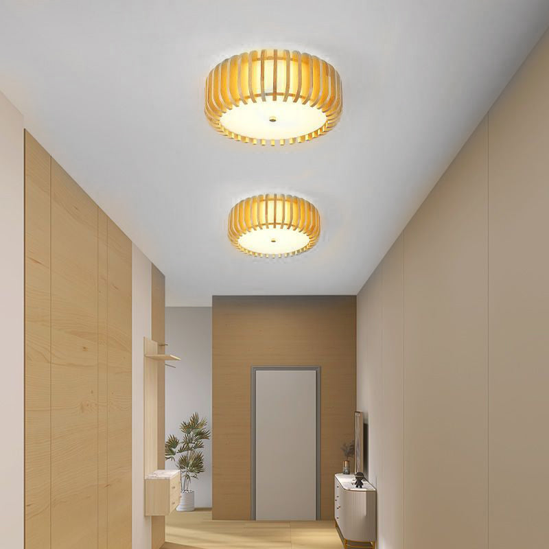 Modern Round Wooden LED Ceiling Light for Bedroom with 3 Step Color Dimming