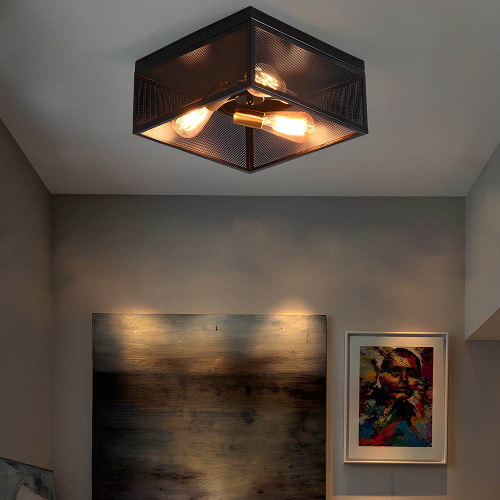 Industrial Square Metal Ceiling Lamp Rustic Black Iron Frame Flush Mount Light for Farmhouse Bedroom and Entryway